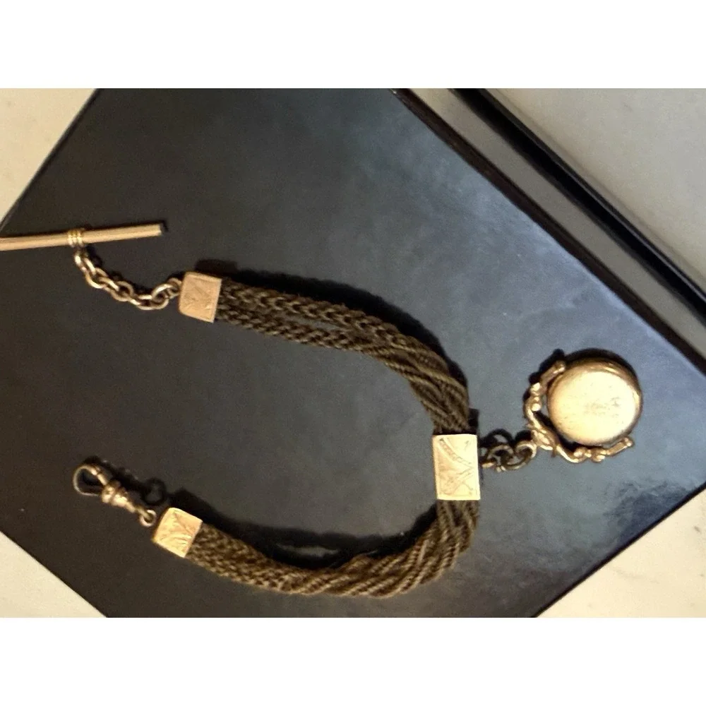 Antique Victorian Woven‎ Hair Pocket Watch Chain  Gold Filled Jewelry Mourning